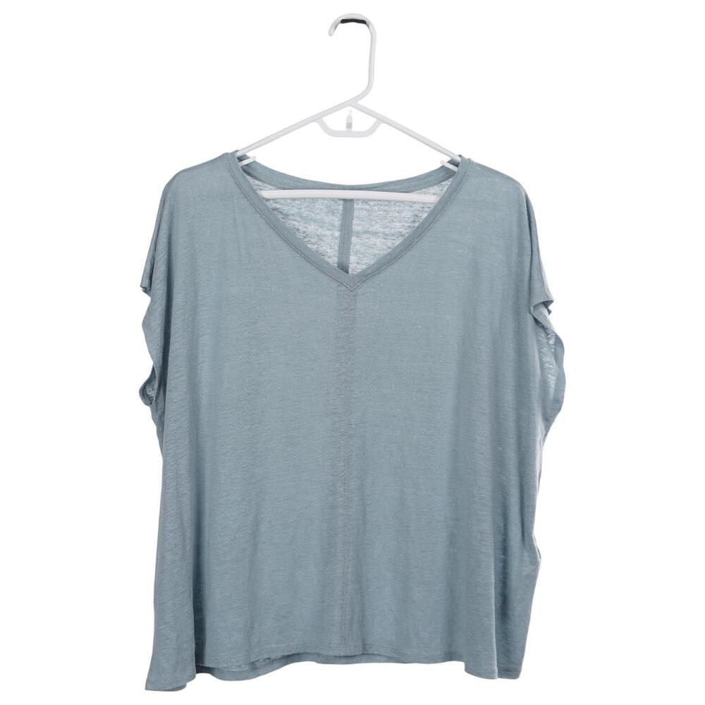 Eileen Fisher Top L Blue Organic Linen V-Neck Short Sleeve Oversized Casual